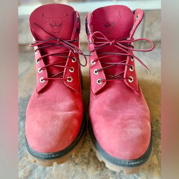 MEN'S NBA CHICAGO BULLS X TIMBERLAND BOOTS SZ 12M Premium Boot Medium Red Nubuck - Picture 3 of 10